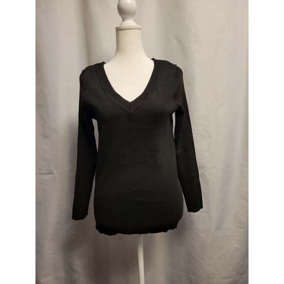 NWT Bodycon Sweater Womens XXL Crochet Lace Back V Neck Black Ribbed Stretch - Picture 1 of 6